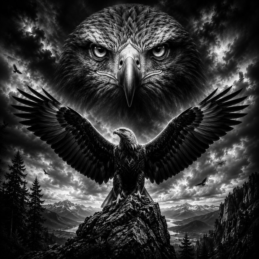 Aigle royal aux ailes déployées sur un pic, portrait géant dans le ciel, gravure laser sur céramique
