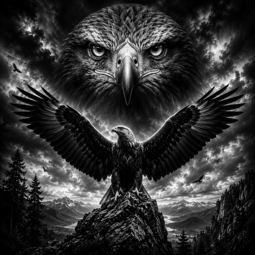 Aigle royal aux ailes déployées sur un pic, portrait géant dans le ciel, gravure laser sur céramique