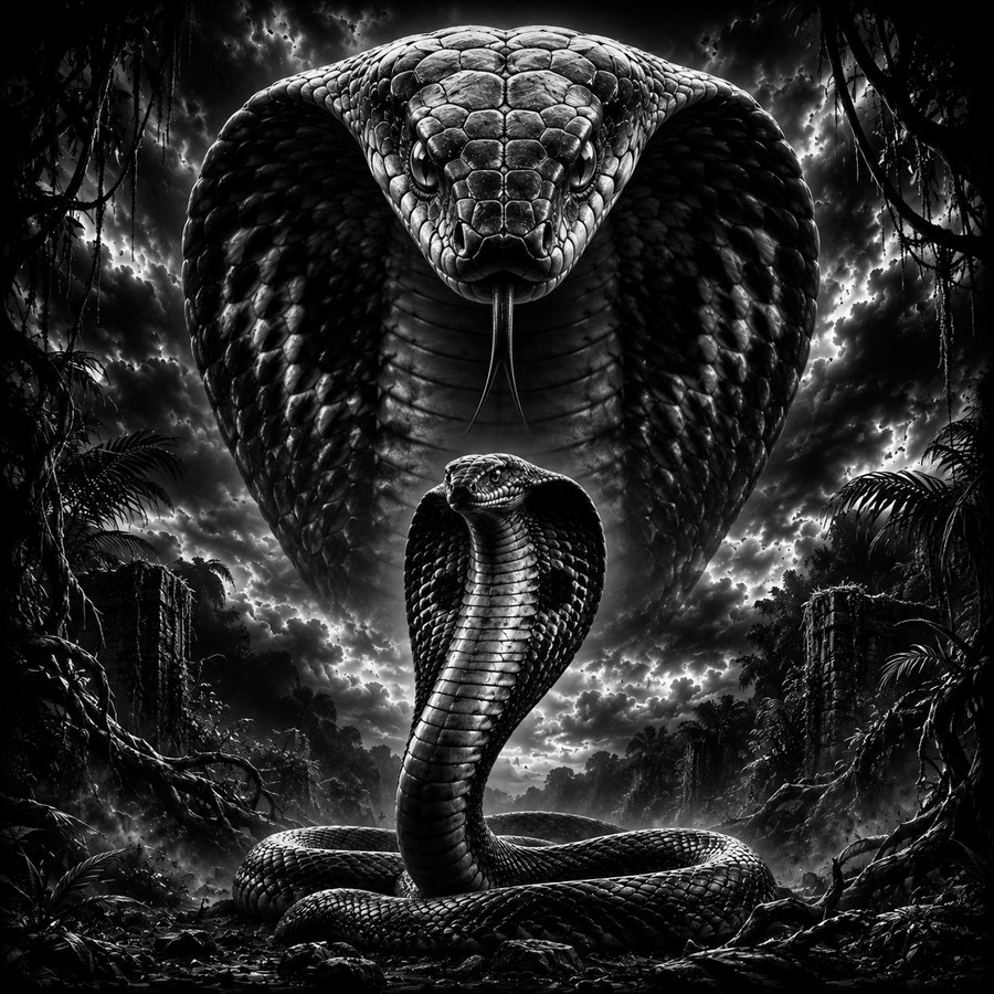 Cobra royal dressé capuchon déployé dans la jungle, gravure laser sur céramique