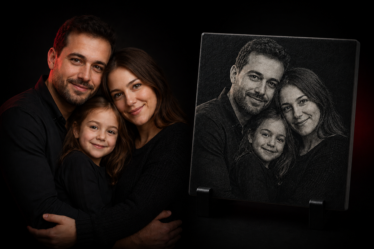 Aperçu de personnalisation — portrait de famille gravé au laser sur céramique