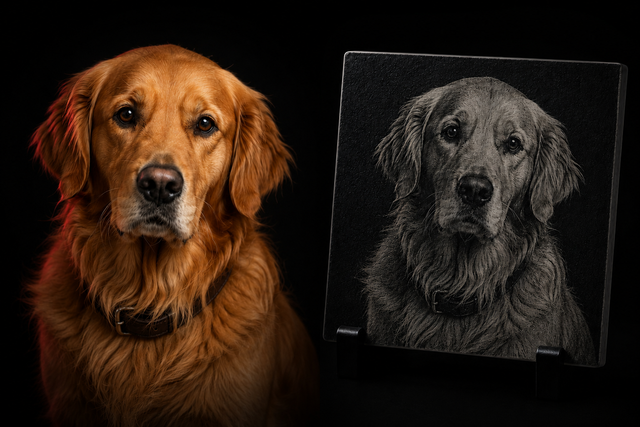 Aperçu de personnalisation — portrait d'animal gravé au laser sur céramique