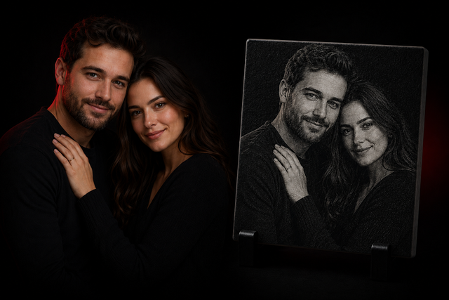 Aperçu de personnalisation — portrait de couple gravé au laser sur céramique
