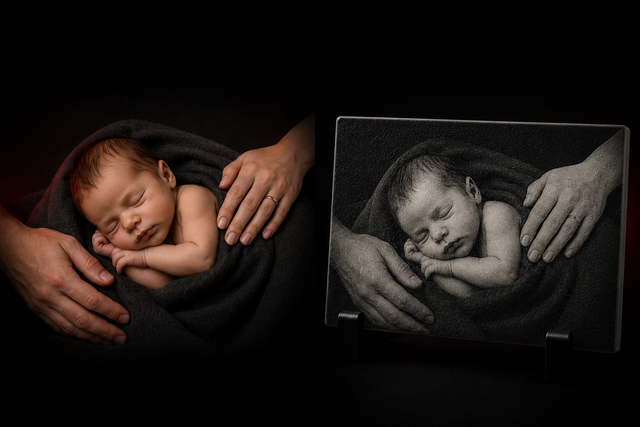 Aperçu de personnalisation — souvenir de naissance gravé au laser sur céramique