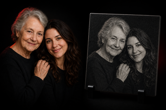 Aperçu de personnalisation — photo souvenir gravée au laser sur céramique