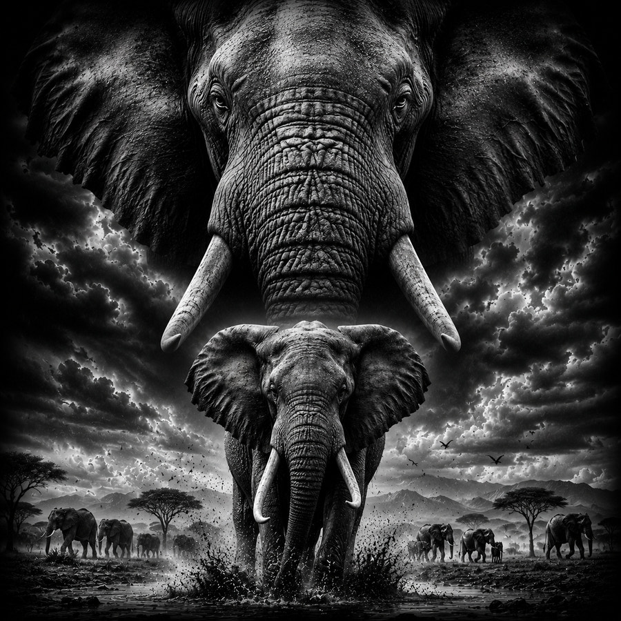 Éléphant aux grandes défenses traversant la savane, gravure laser sur céramique