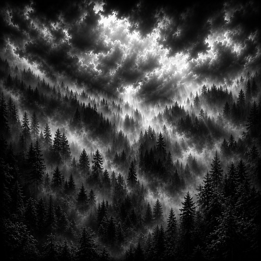 Forêt de sapins dans la brume traversée de rayons de lumière, gravure laser sur céramique