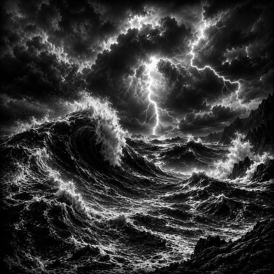 Mer déchaînée avec vagues géantes et éclairs, gravure laser sur céramique