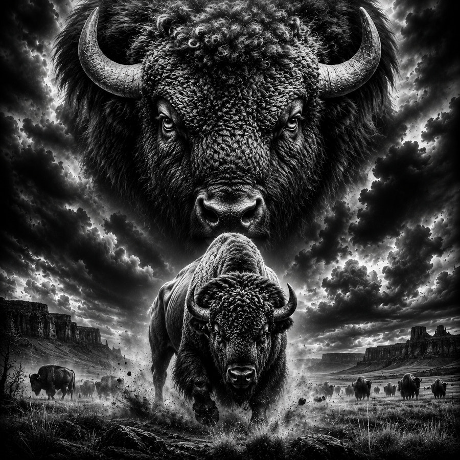 Bison chargeant dans la plaine, portrait géant dans le ciel, gravure laser sur céramique