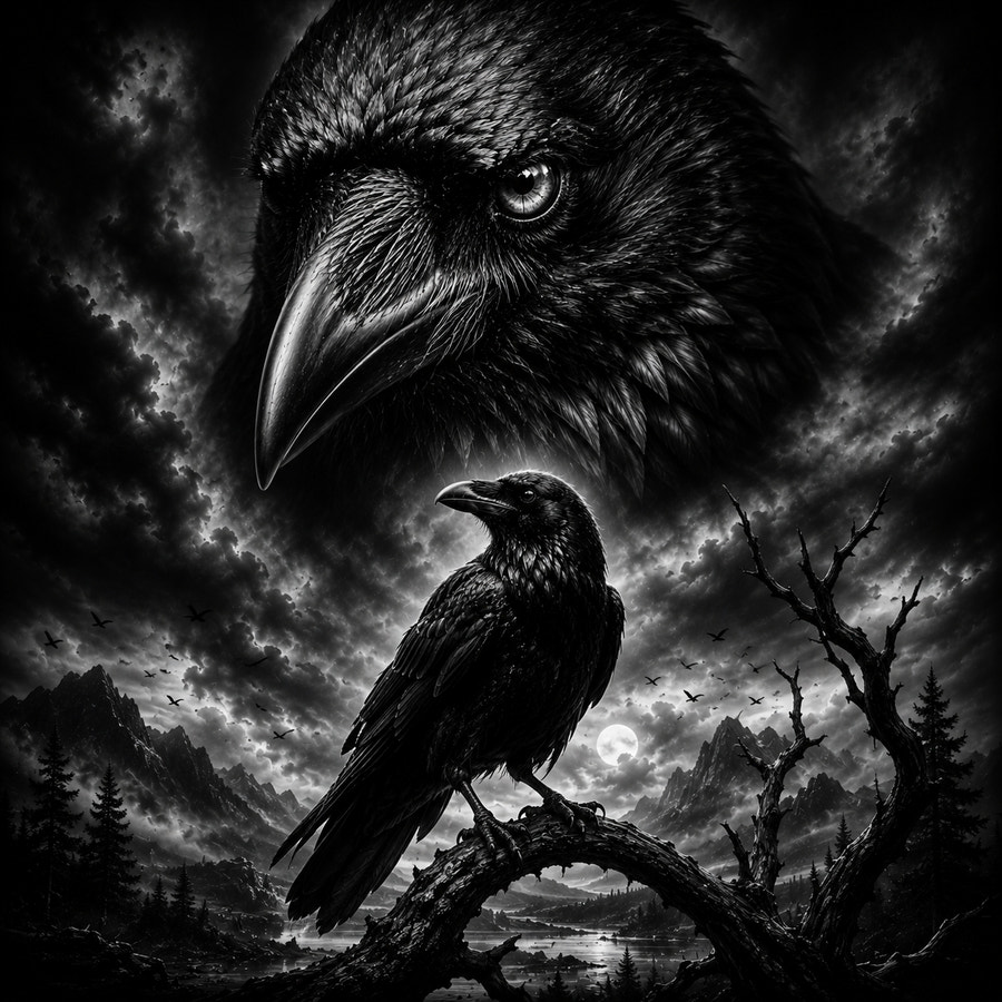 Corbeau perché sur une branche morte sous la lune, gravure laser sur céramique