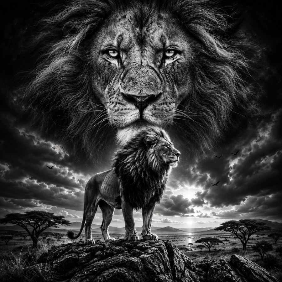 Lion à la crinière épaisse sur un rocher face à la savane, gravure laser sur céramique