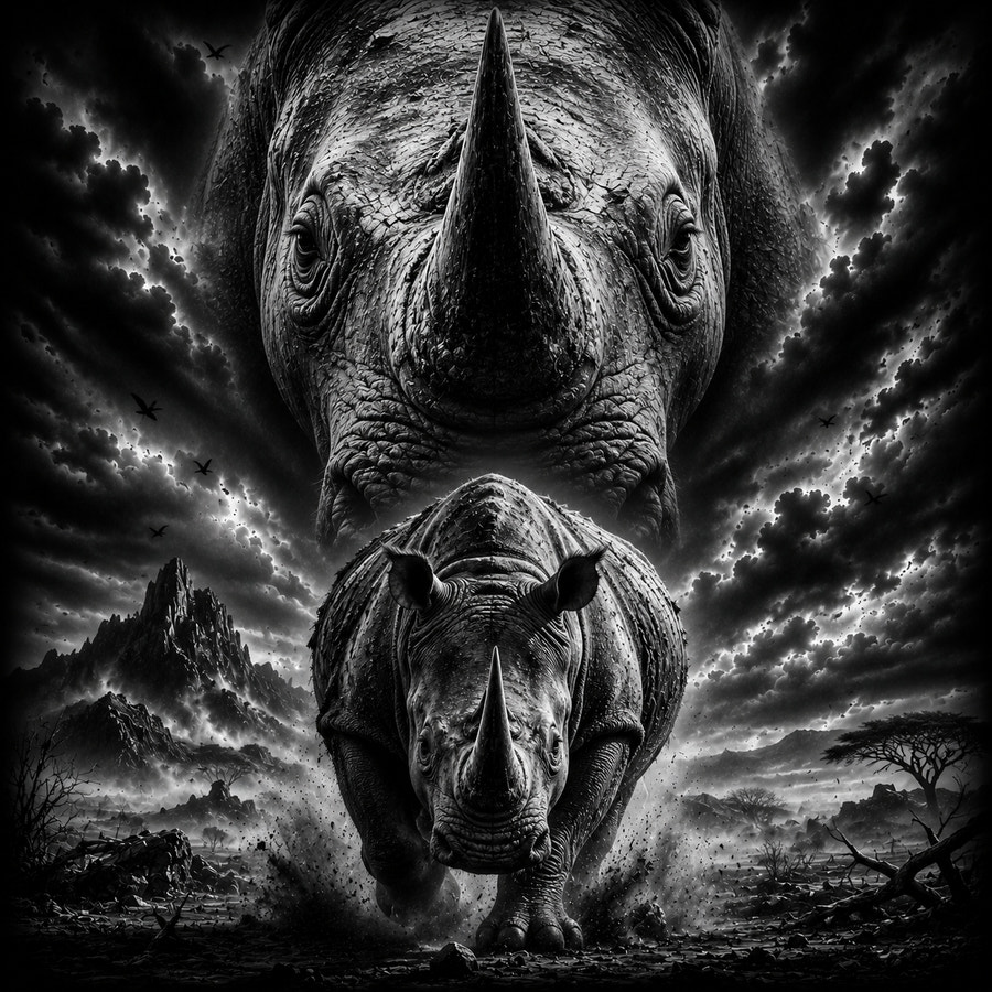 Rhinocéros chargeant dans la savane, portrait géant dans le ciel, gravure laser sur céramique
