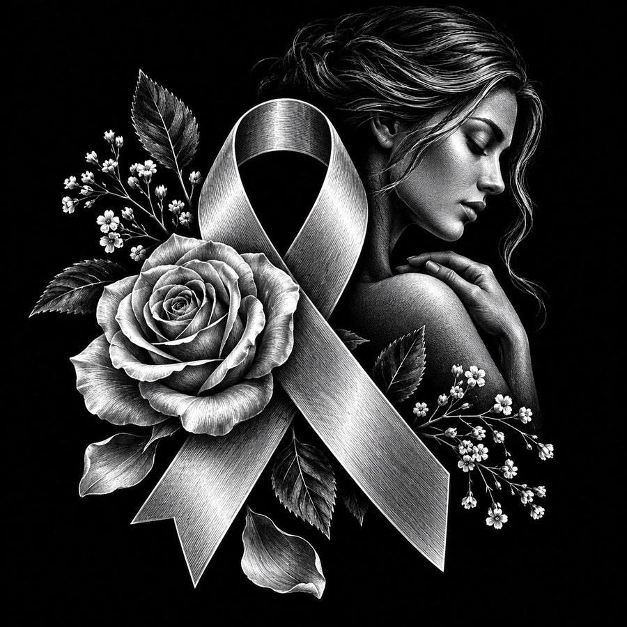 Femme au Ruban — gravure Octobre Rose sur céramique noire : une femme la main sur l'épaule, un grand ruban, une rose et des fleurs de gypsophile