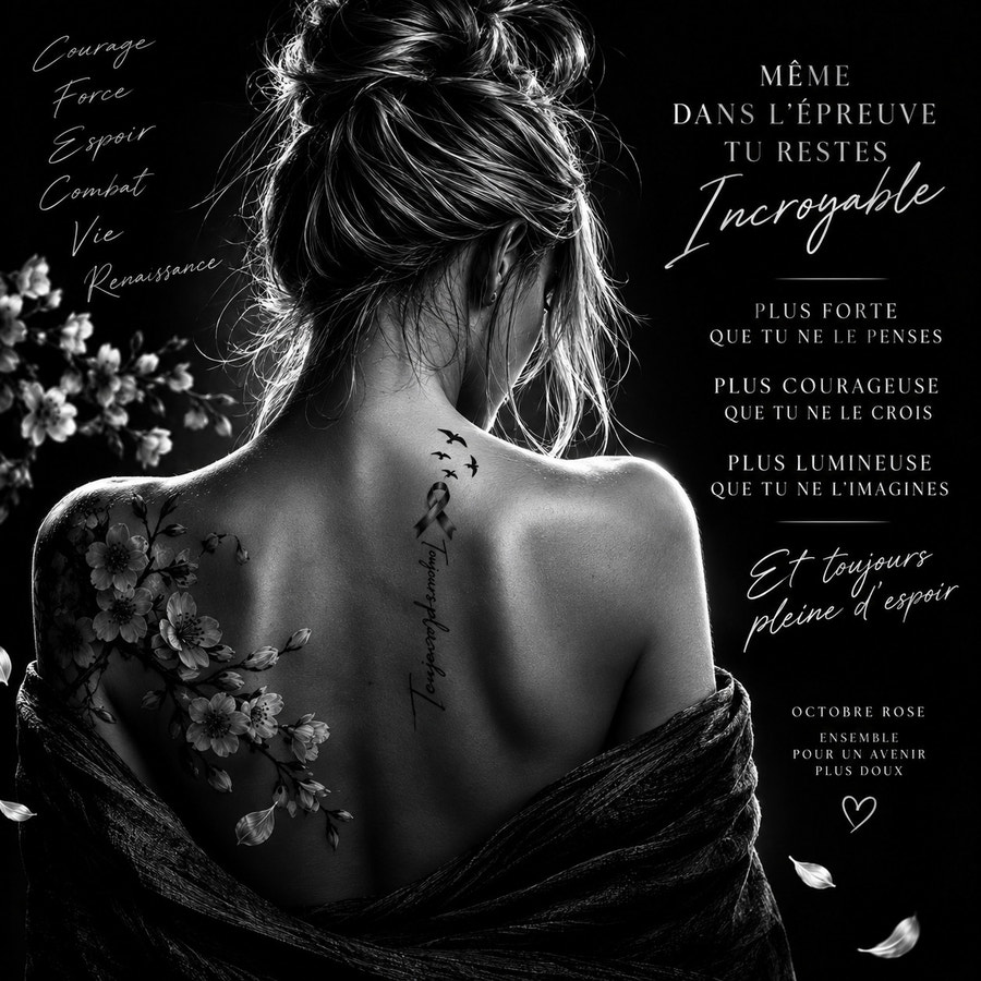 Incroyable — gravure Octobre Rose sur céramique noire : une femme de dos, épaule fleurie de cerisiers, et les mots Même dans l'épreuve tu restes incroyable